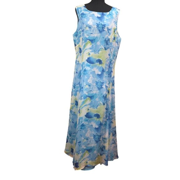 Crossing Pointe Blue Floral Silk Sleeveless Maxi Dress Size 20 (runs small) - Picture 1 of 9